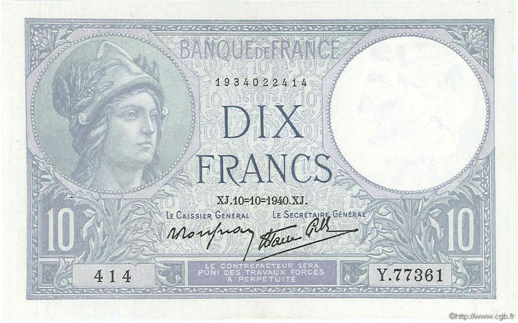 10 Francs MINERVE modifié FRANKREICH  1940 F.07.16 VZ+