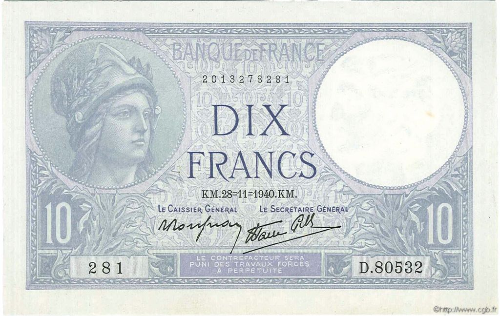 10 Francs MINERVE modifié FRANCIA  1940 F.07.22 SPL+