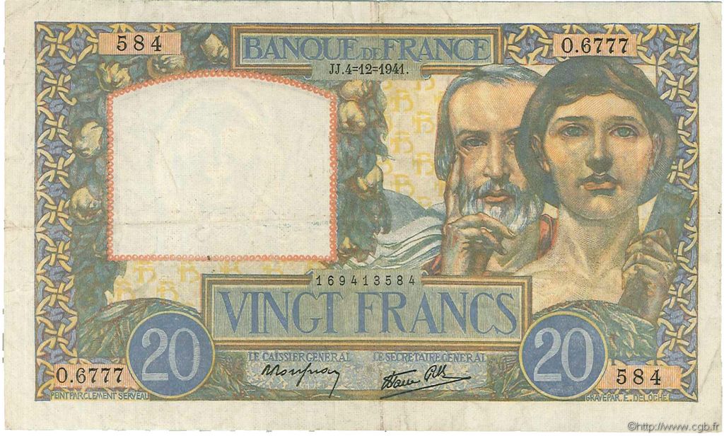 20 Francs TRAVAIL ET SCIENCE FRANKREICH  1941 F.12.20 SS