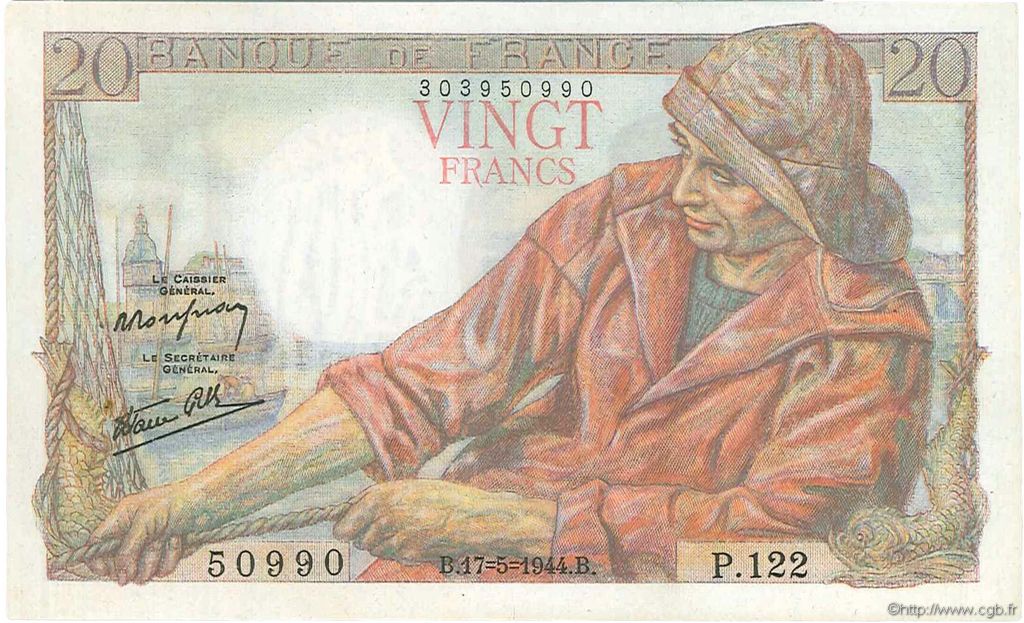20 Francs PÊCHEUR FRANCE  1944 F.13.09 XF - AU