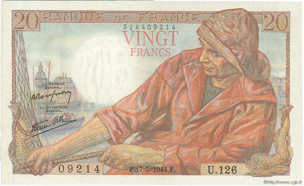 20 Francs PÊCHEUR FRANKREICH  1944 F.13.09 fST