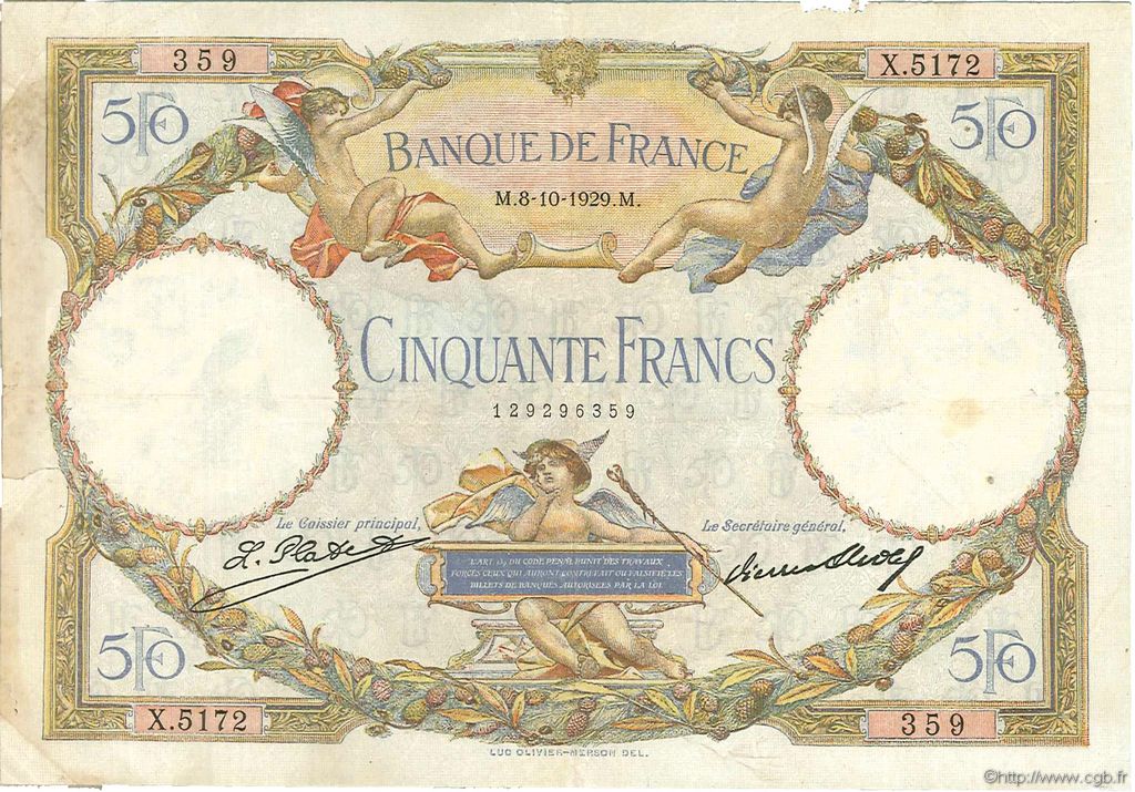 50 Francs LUC OLIVIER MERSON FRANCIA  1929 F.15.03 MB