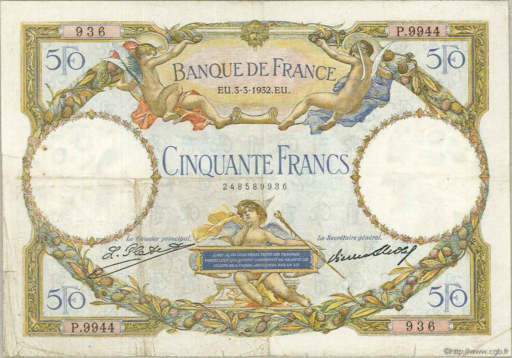 50 Francs LUC OLIVIER MERSON type modifié FRANCIA  1932 F.16.03 q.BB