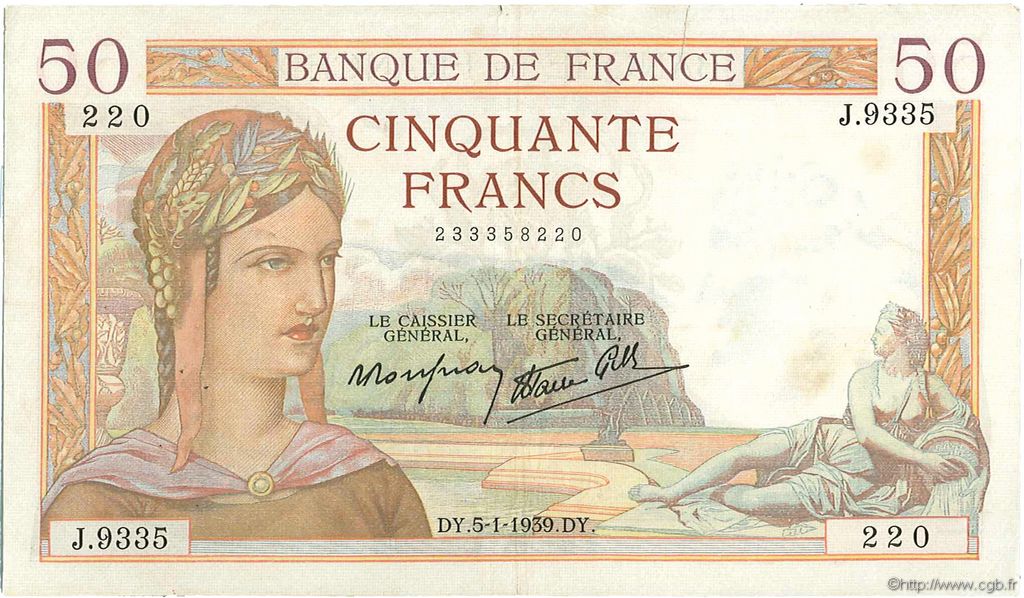 50 Francs CÉRÈS modifié FRANCE  1939 F.18.19 TTB