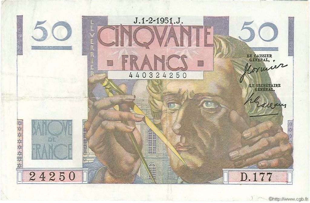 50 Francs LE VERRIER FRANKREICH  1951 F.20.17 SS