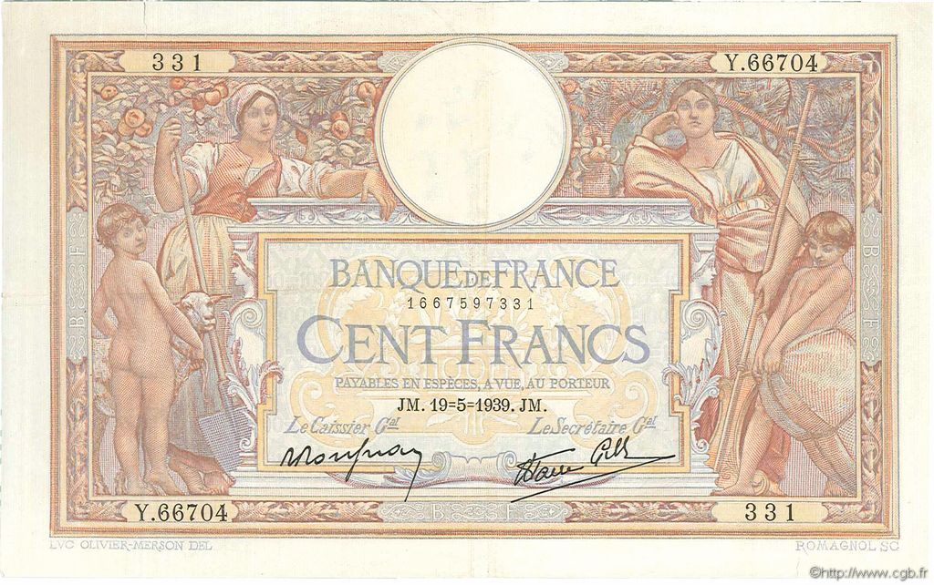 100 Francs LUC OLIVIER MERSON type modifié FRANCE  1939 F.25.47 VF+