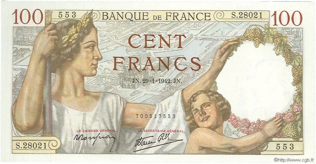 100 Francs SULLY FRANKREICH  1942 F.26.65 ST