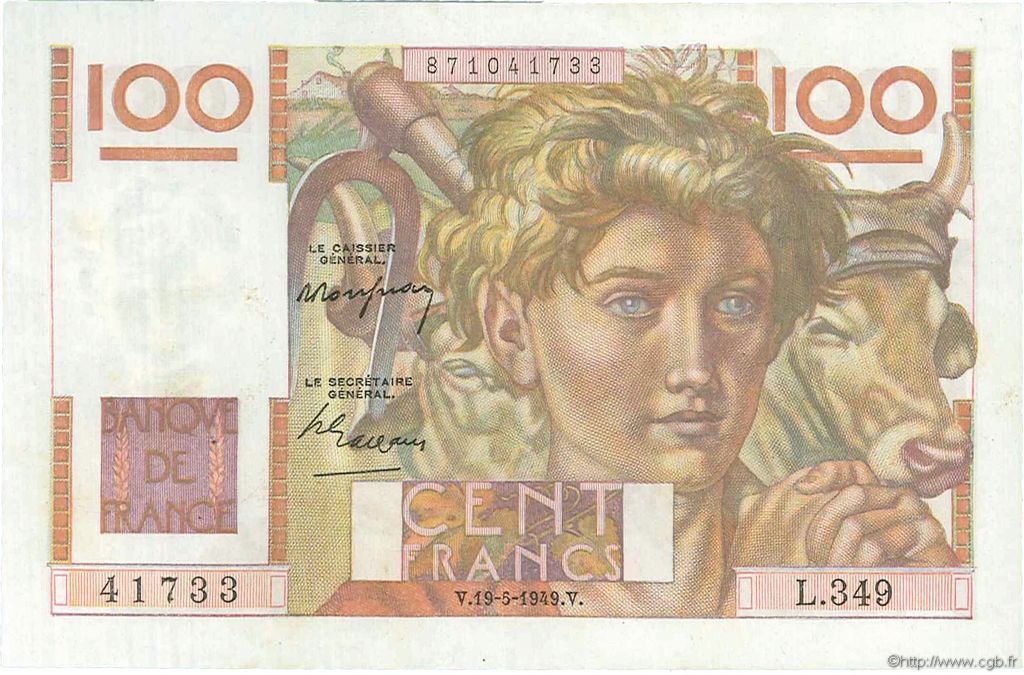100 Francs JEUNE PAYSAN FRANCE  1949 F.28.24 XF