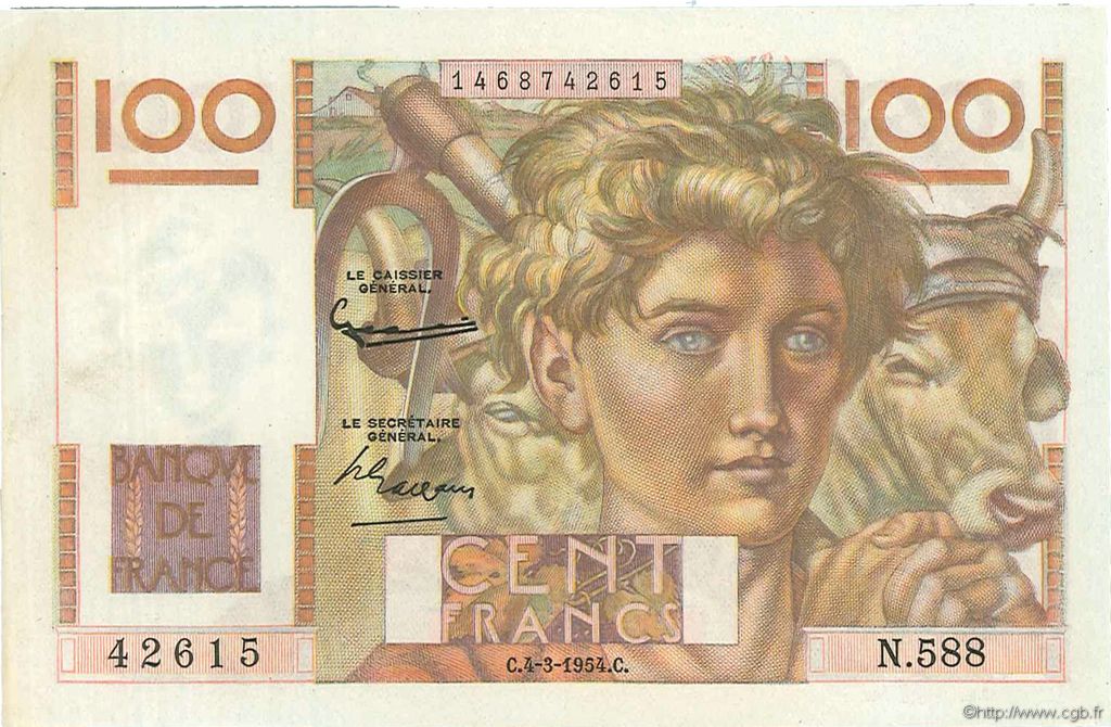 100 Francs JEUNE PAYSAN FRANCE  1954 F.28.42 XF+