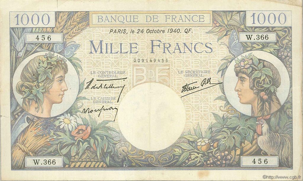 1000 Francs COMMERCE ET INDUSTRIE FRANCE  1940 F.39.01 TB+