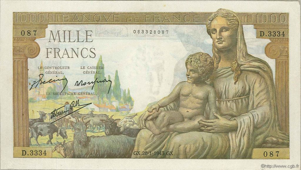 1000 Francs DÉESSE DÉMÉTER FRANCE  1943 F.40.17 VF+