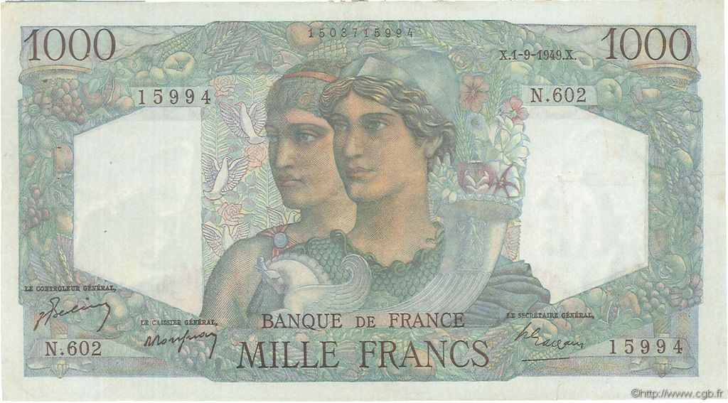 1000 Francs MINERVE ET HERCULE FRANCE  1949 F.41.28 TTB+