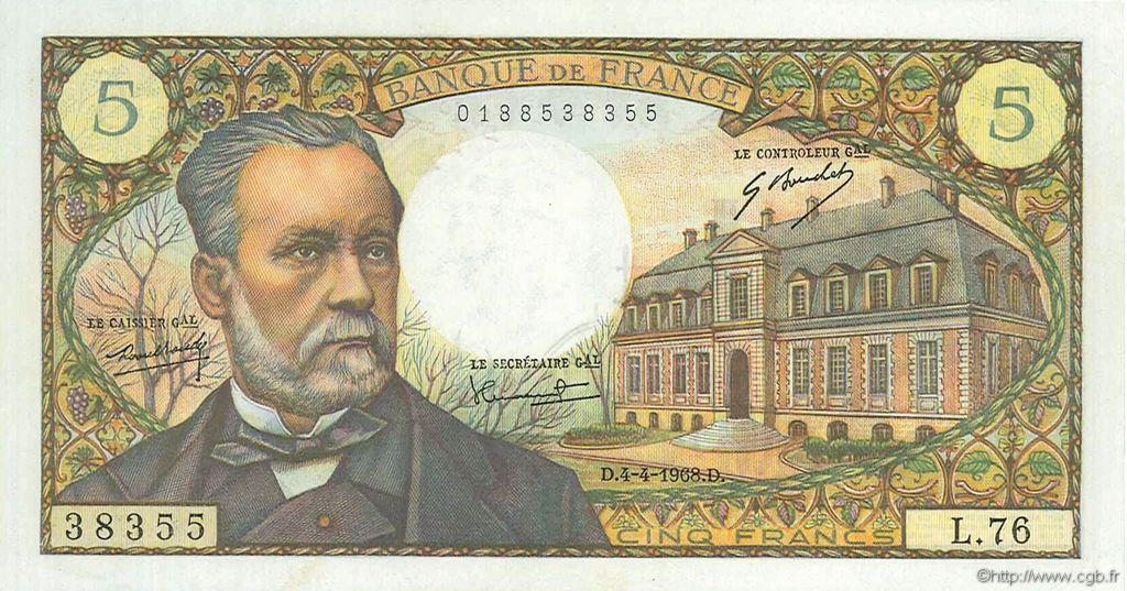 5 Francs PASTEUR FRANCIA  1968 F.61.07 SC