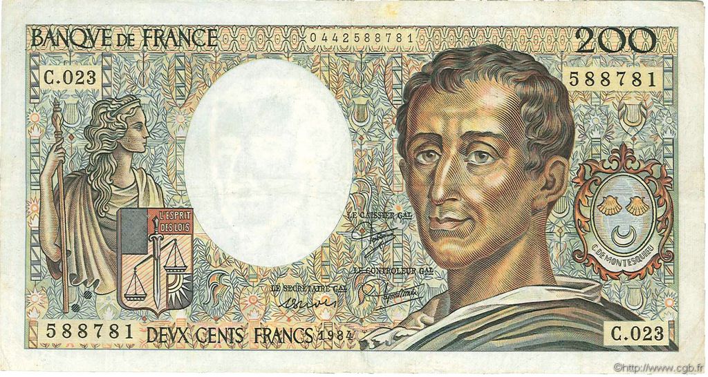 200 Francs MONTESQUIEU FRANCE  1984 F.70.04 VF-
