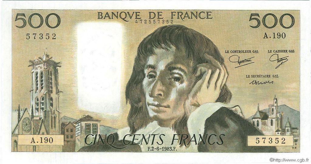500 Francs PASCAL FRANCE  1983 F.71.29 AU+