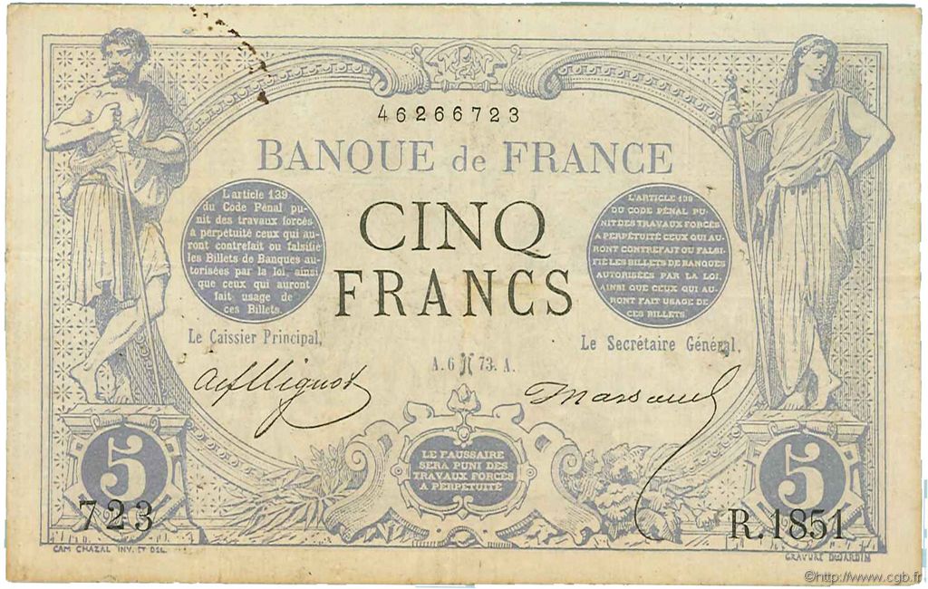 5 Francs NOIR FRANCE  1873 F.01.15 F+