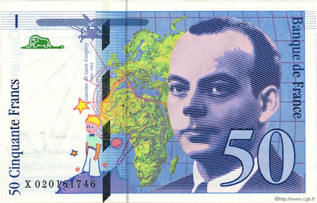 50 Francs SAINT-EXUPÉRY modifié FRANCIA  1994 F.73.01d q.FDC