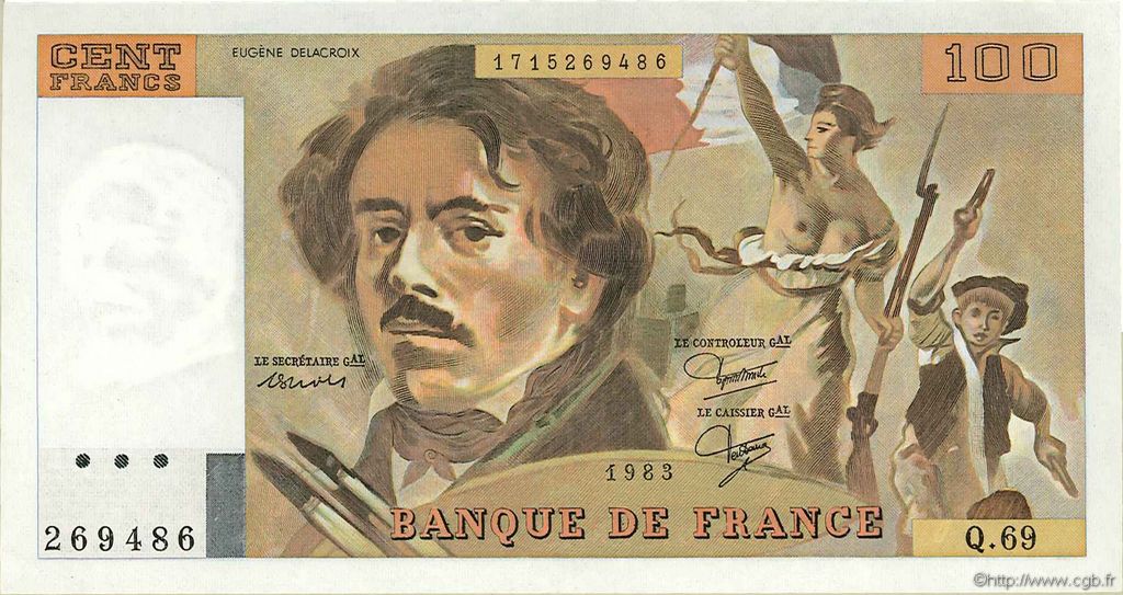 100 Francs DELACROIX modifié FRANCE  1983 F.69.07 XF-
