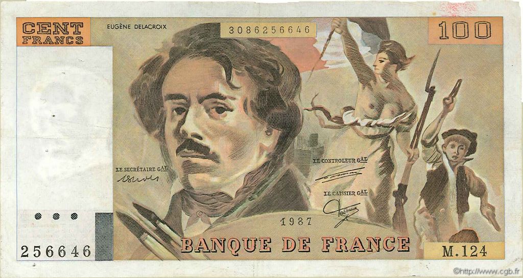 100 Francs DELACROIX modifié FRANCE  1987 F.69.11 VF+