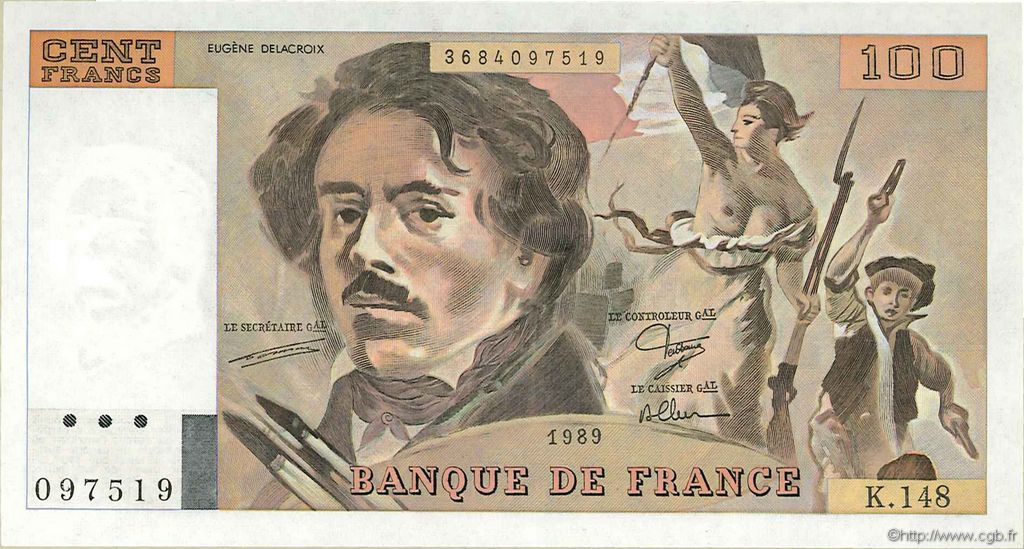 100 Francs DELACROIX modifié FRANCE  1989 F.69.13c AU+