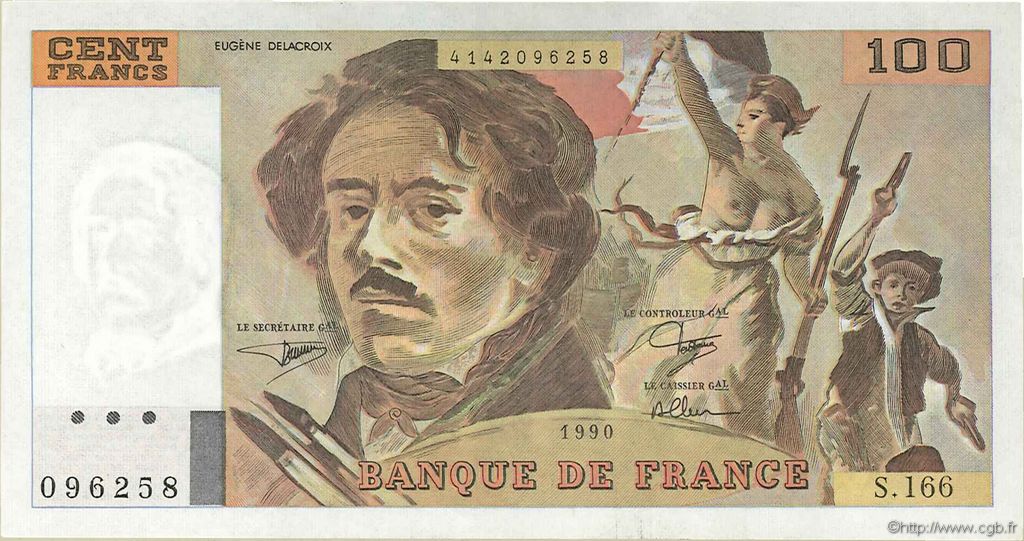 100 Francs DELACROIX imprimé en continu FRANCE  1990 F.69bis.02b XF+