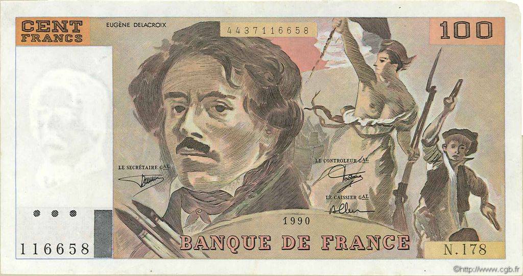 100 Francs DELACROIX imprimé en continu FRANCIA  1990 F.69bis.02c MBC+