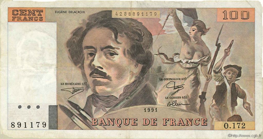 100 Francs DELACROIX imprimé en continu FRANCE  1991 F.69bis.03a4 VF