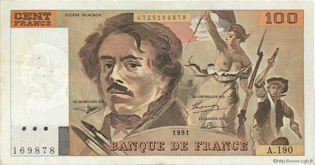100 Francs DELACROIX imprimé en continu FRANCIA  1991 F.69bis.04a BB