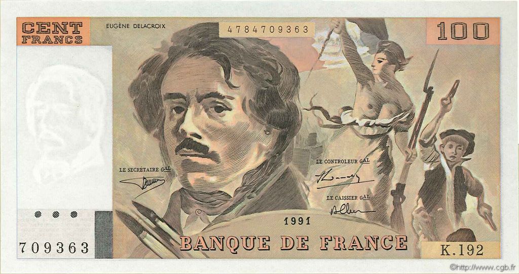 100 Francs DELACROIX imprimé en continu FRANCIA  1991 F.69bis.04a FDC