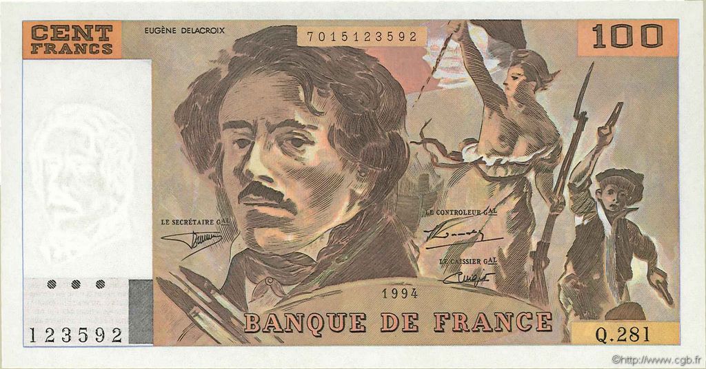 100 Francs DELACROIX 442-1 & 442-2 FRANCE  1994 F.69ter.01c UNC