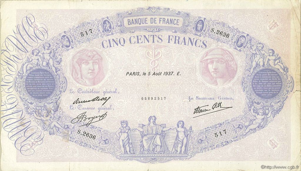 500 Francs BLEU ET ROSE modifié FRANCE  1937 F.31.01 F