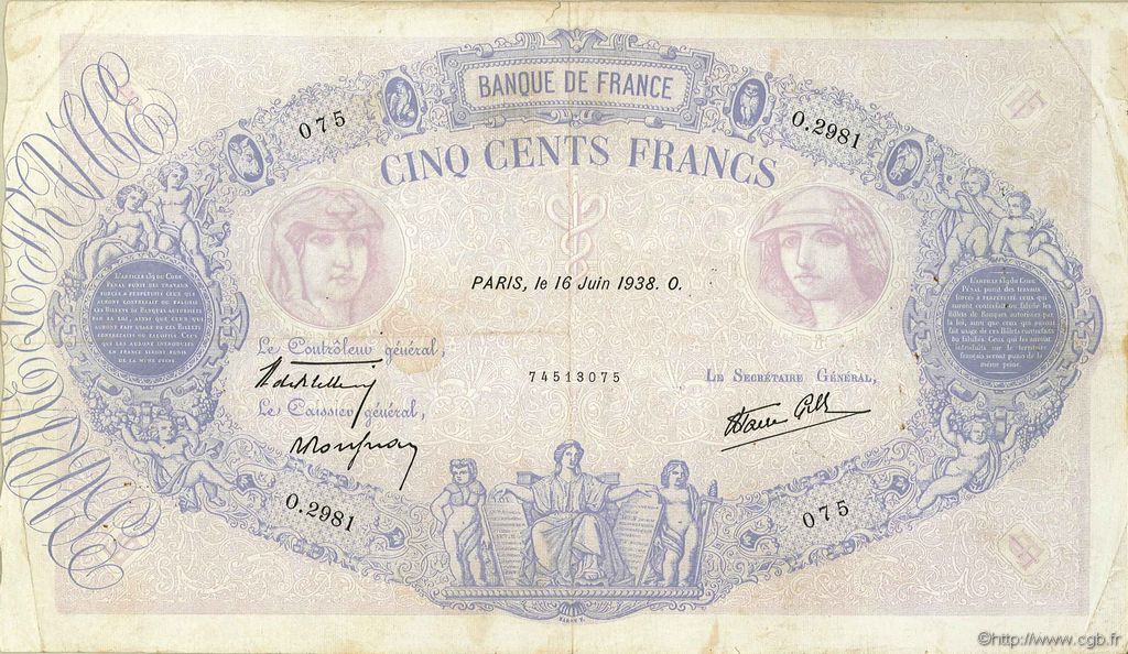 500 Francs BLEU ET ROSE modifié FRANCIA  1938 F.31.15 BC+