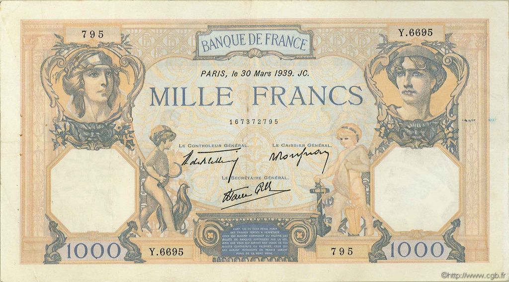 1000 Francs CÉRÈS ET MERCURE type modifié FRANCE  1939 F.38.35 VF+