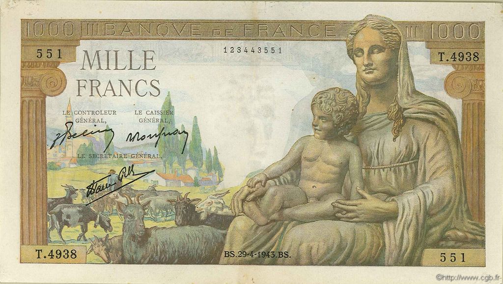1000 Francs DÉESSE DÉMÉTER FRANCE  1943 F.40.22 XF-