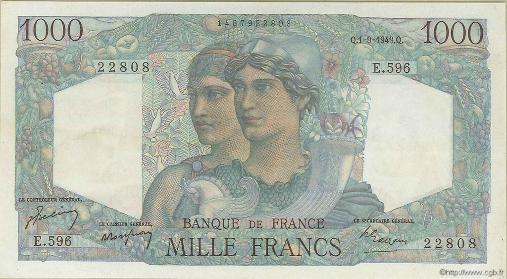 1000 Francs MINERVE ET HERCULE FRANCE  1949 F.41.28 XF-