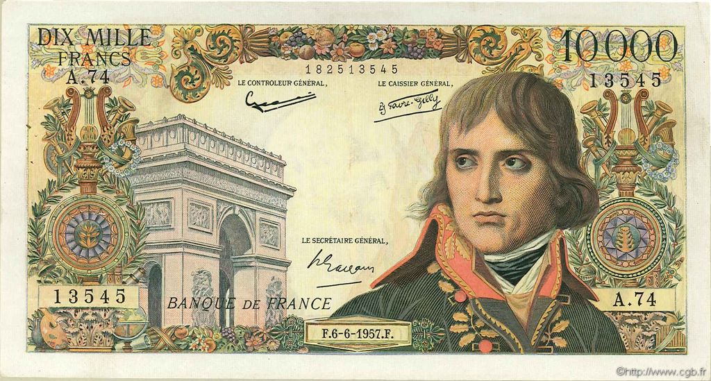 10000 Francs BONAPARTE FRANCIA  1957 F.51.08 MBC