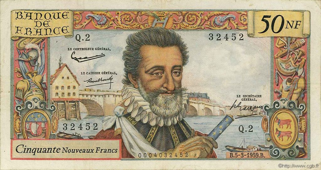 50 Nouveaux Francs HENRI IV FRANCIA  1959 F.58.01 q.BB