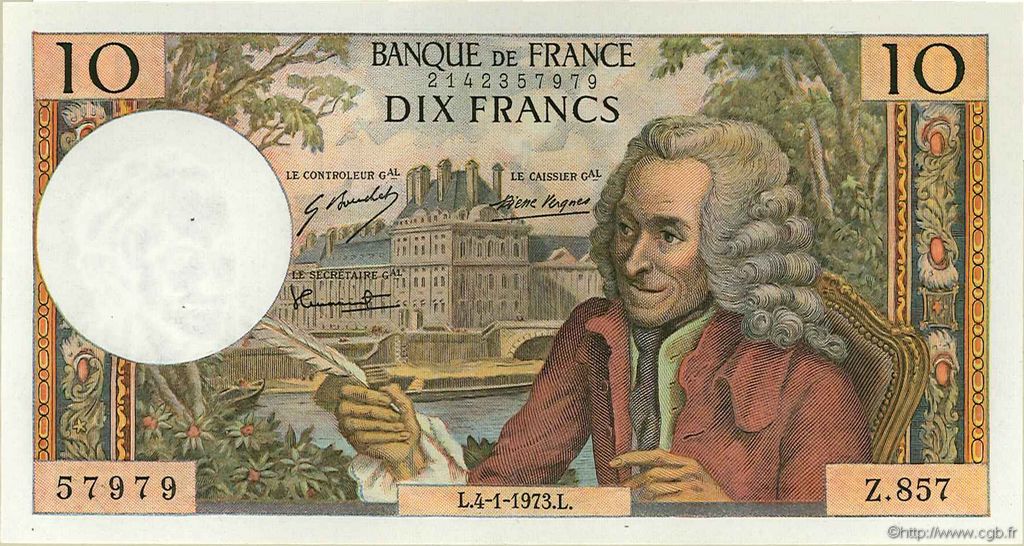 10 Francs VOLTAIRE FRANCIA  1973 F.62.60 SPL a AU