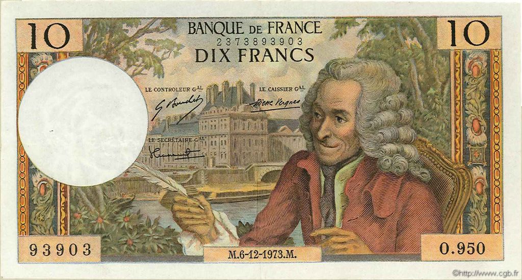 10 Francs VOLTAIRE FRANKREICH  1973 F.62.65 fVZ