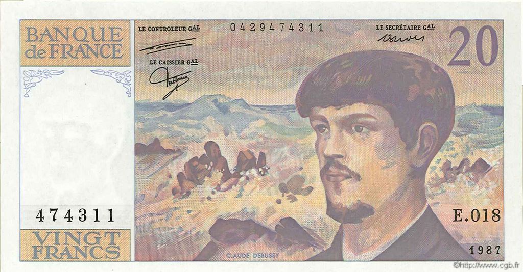 20 Francs DEBUSSY FRANCIA  1987 F.66.08 EBC a SC