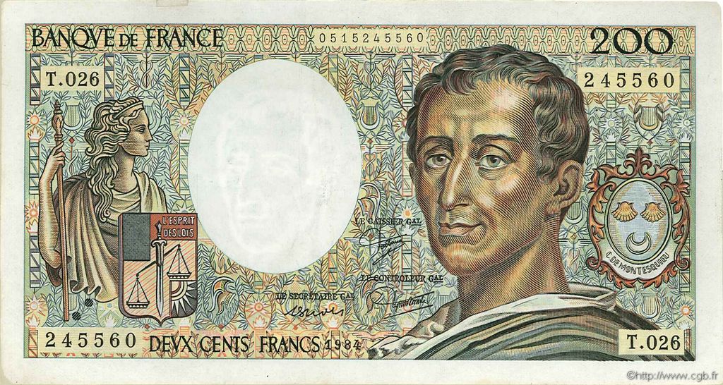 200 Francs MONTESQUIEU FRANCE  1984 F.70.04 VF