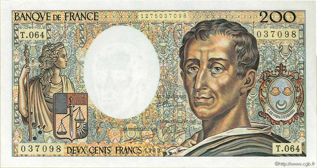 200 Francs MONTESQUIEU FRANCE  1989 F.70.09 AU+