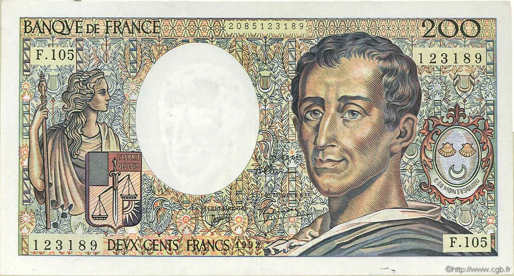 200 Francs MONTESQUIEU FRANCE  1992 F.70.12a XF-