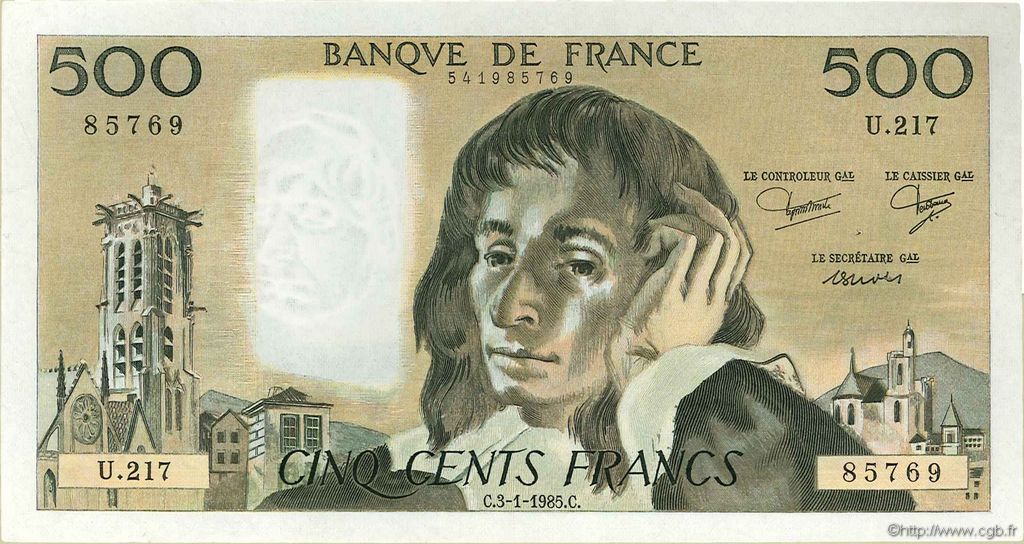500 Francs PASCAL FRANKREICH  1985 F.71.32 SS to VZ