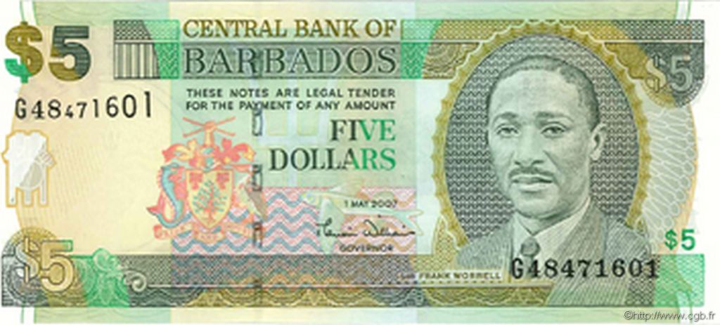 5 Dollars BARBADOS  2007 P.67a SC+