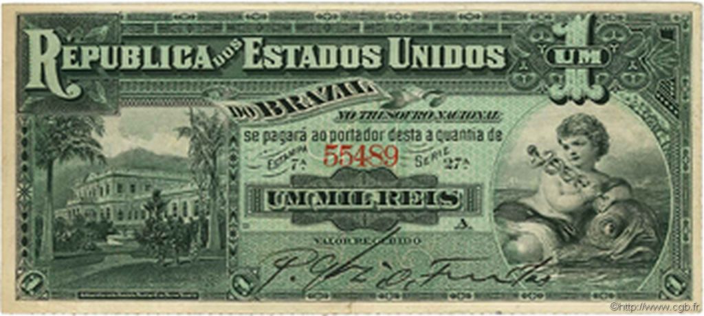 1 Mil Reis BRAZIL  1891 P.003a VF - XF