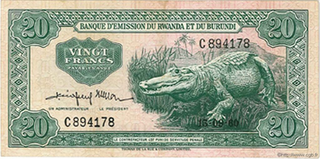 20 Francs RWANDA BURUNDI  1960 P.03 VF - XF