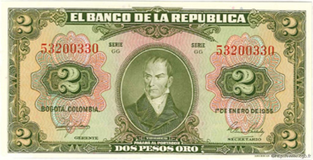 2 Pesos COLOMBIA  1955 P.390d UNC