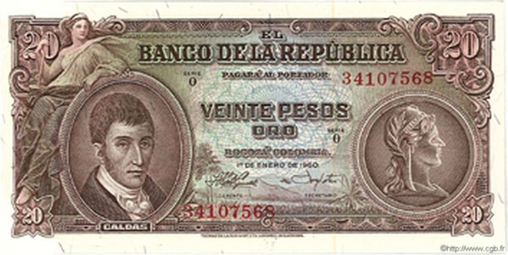 20 Pesos COLOMBIA  1960 P.401b FDC