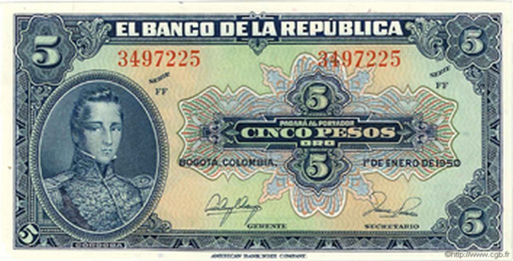 5 Pesos Oro COLOMBIA  1950 P.386e UNC